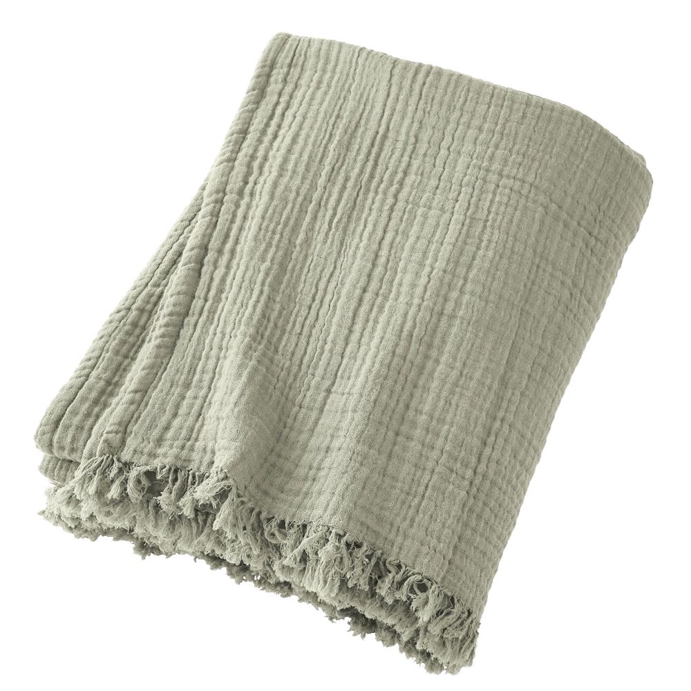 Plaid à franges Gaze de coton Vert d'eau 180 x 220 cm
